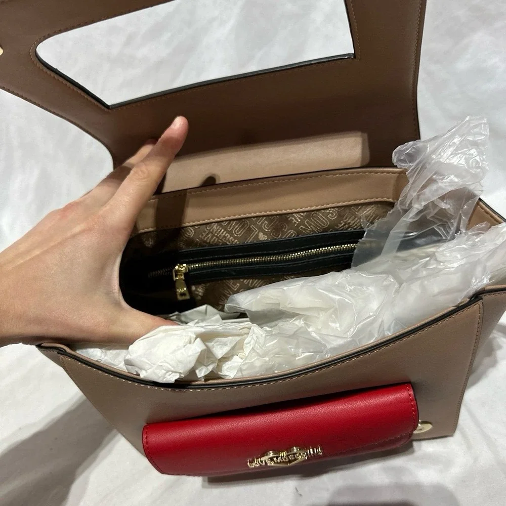 Love Moschino Tan Beige Brown Red Gold Top Handle Handbag Crossbody NWT